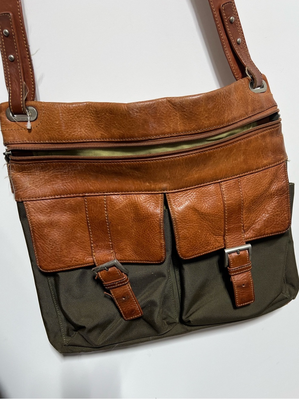 Vintage Bosca Ballistic Nylon and Amber Brown Leather Slim Messenger Bag